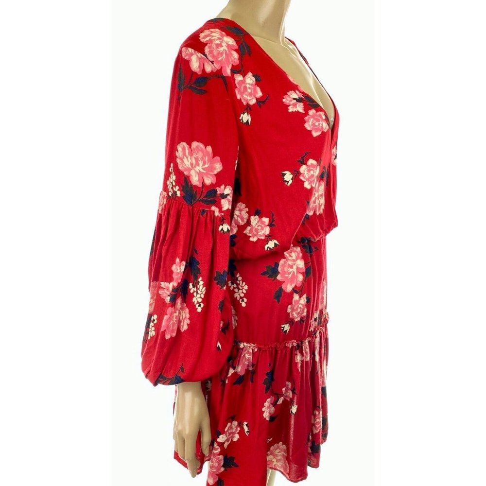 Valencia & Vine 'Stephanie' Red Floral Mini Dress Size S Long Billowy Sleeves - Picture 4 of 7